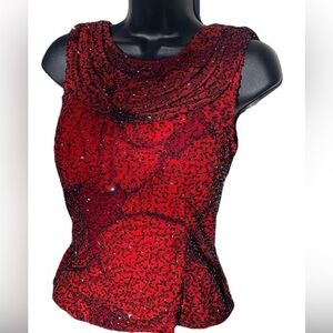 Andretta Donatello Y2K Red Black  Beaded Sleeveless Cowl Neck Vintage Blouse XS